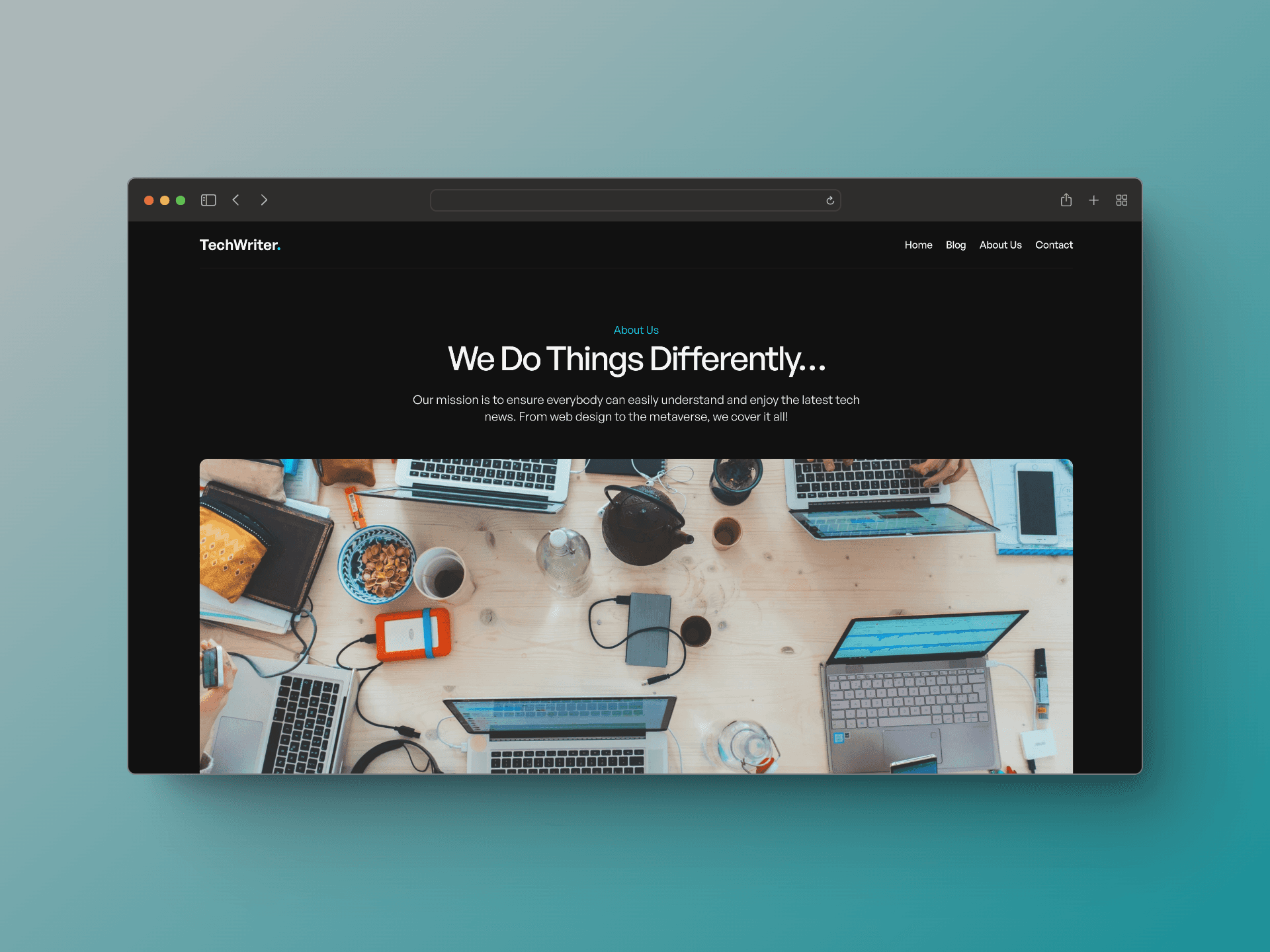 About us page design for a free blog template powered by Framer 