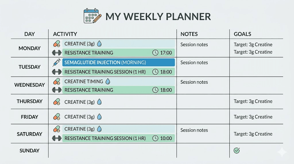 Weekly creatine and semaglutide muscle preservation protocol schedule