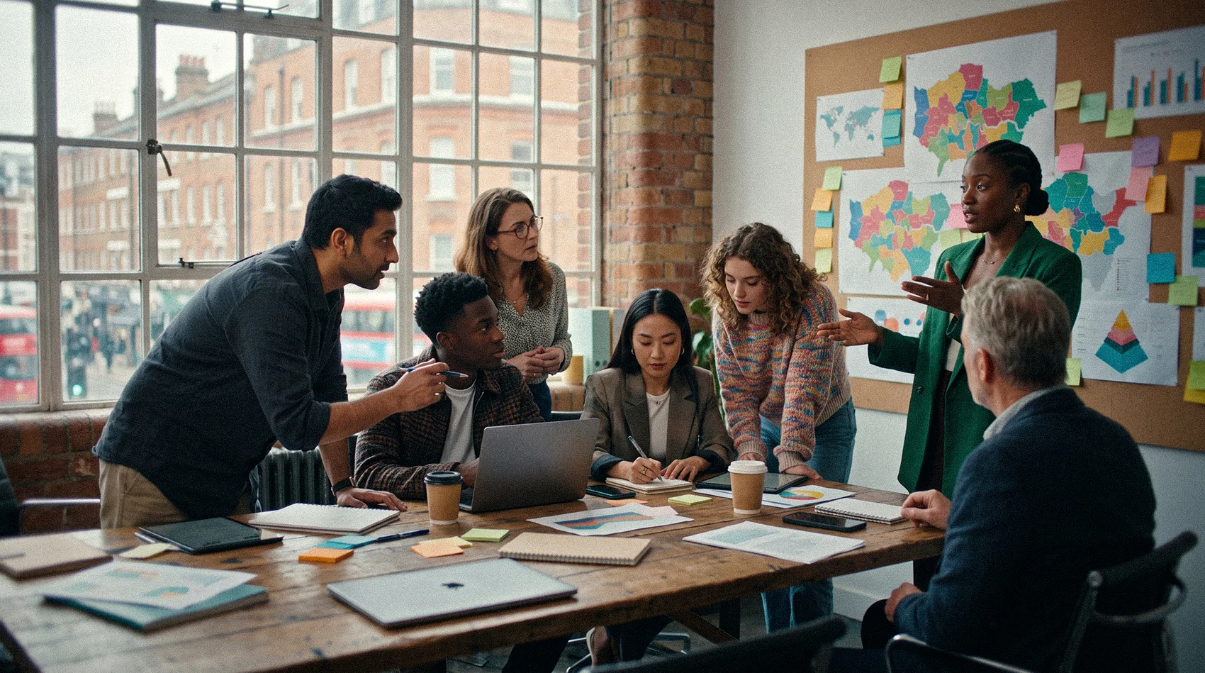 Team reviewing localised London borough ethnicity maps on cork board - Black woman in green blazer presenting localisation