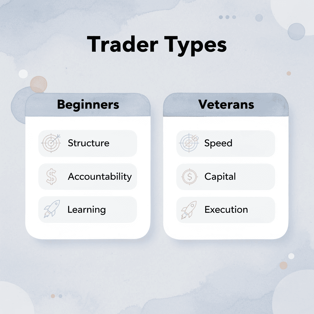 Comparison chart showing differences between beginner and veteran trader needs