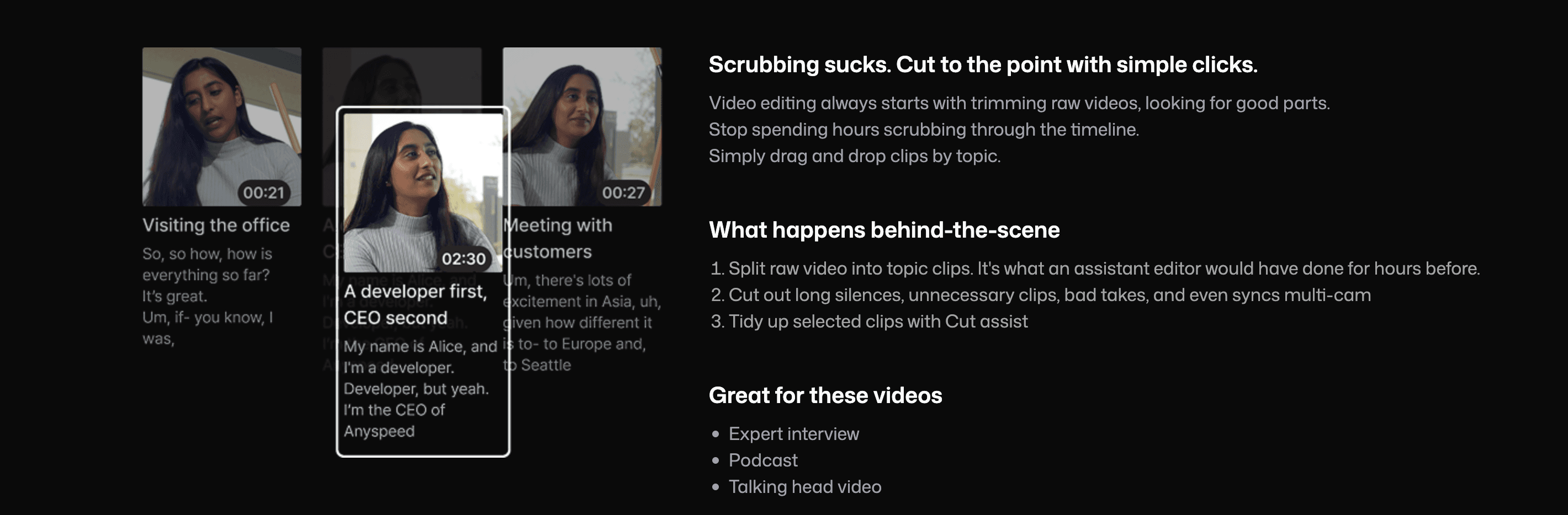 The Selects UI showing non-timeline video editing using AI