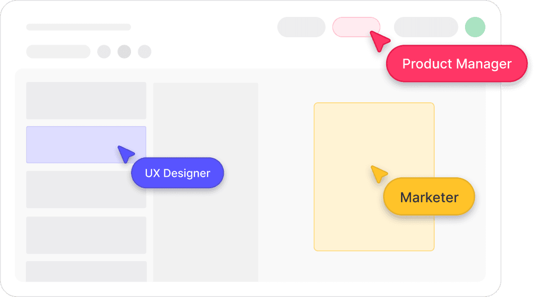 Illustration of a collaborative interface showing UX Designer, Product Manager, and Marketer working together on shared design tasks.