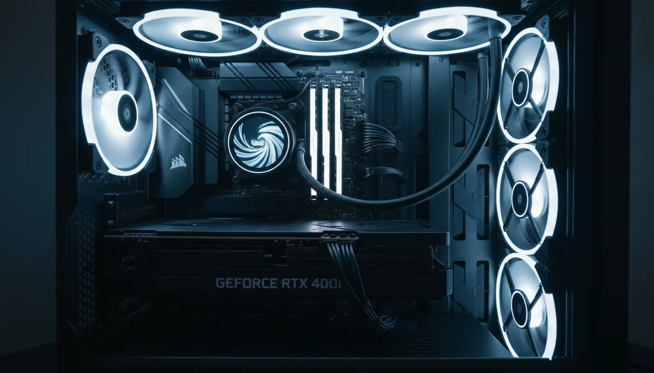 DSLR photograph of the interior of a high-end custom PC workstation, low-angle shot. The dark chassis is illuminated by cool, pale blue and white internal RGB lighting, creating a cinematic contrast. Key components include a Corsair AIO liquid CPU cooler with a glowing pump head, two vertical sticks of lit white RAM, and multiple glowing case fans. A large, black GeForce graphics card is mounted horizontally in the lower half. The image has a shallow depth of field, with sharp focus on the CPU cooler and RAM, against the dark matte textures of the motherboard and braided cables.