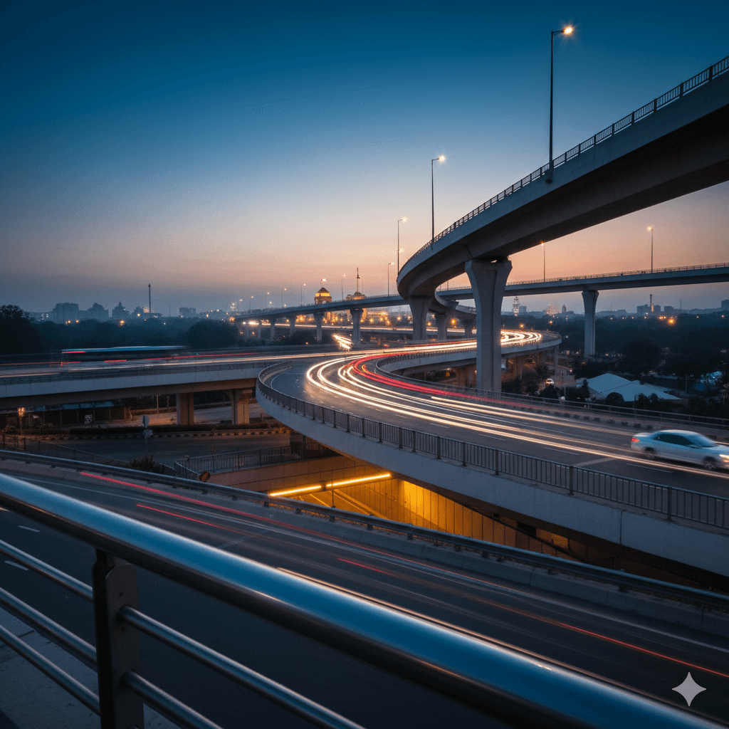 Night-time long exposure of a multi-level highway interchange representing high-speed connectivity