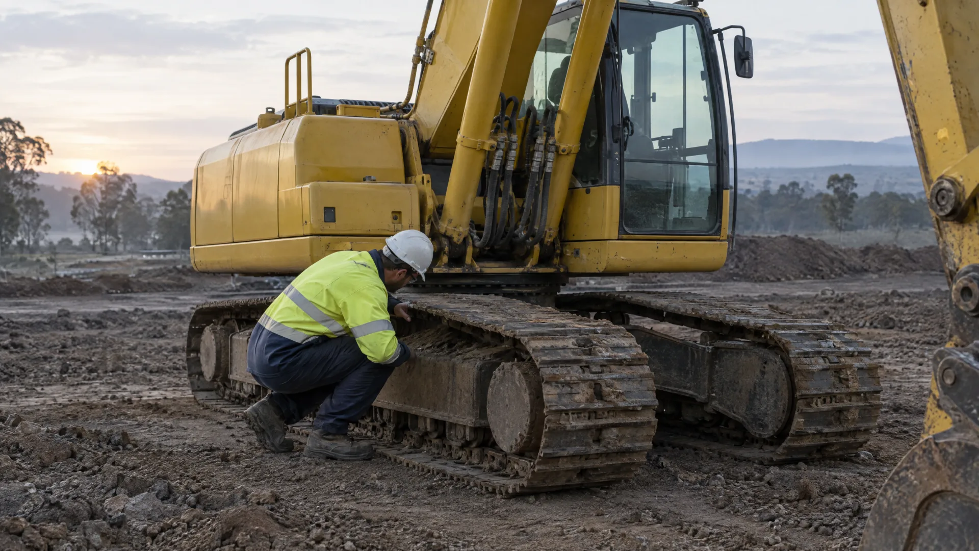 Operator checking excavator tracks and hydraulic hoses during an early-morning pre-start plant inspection