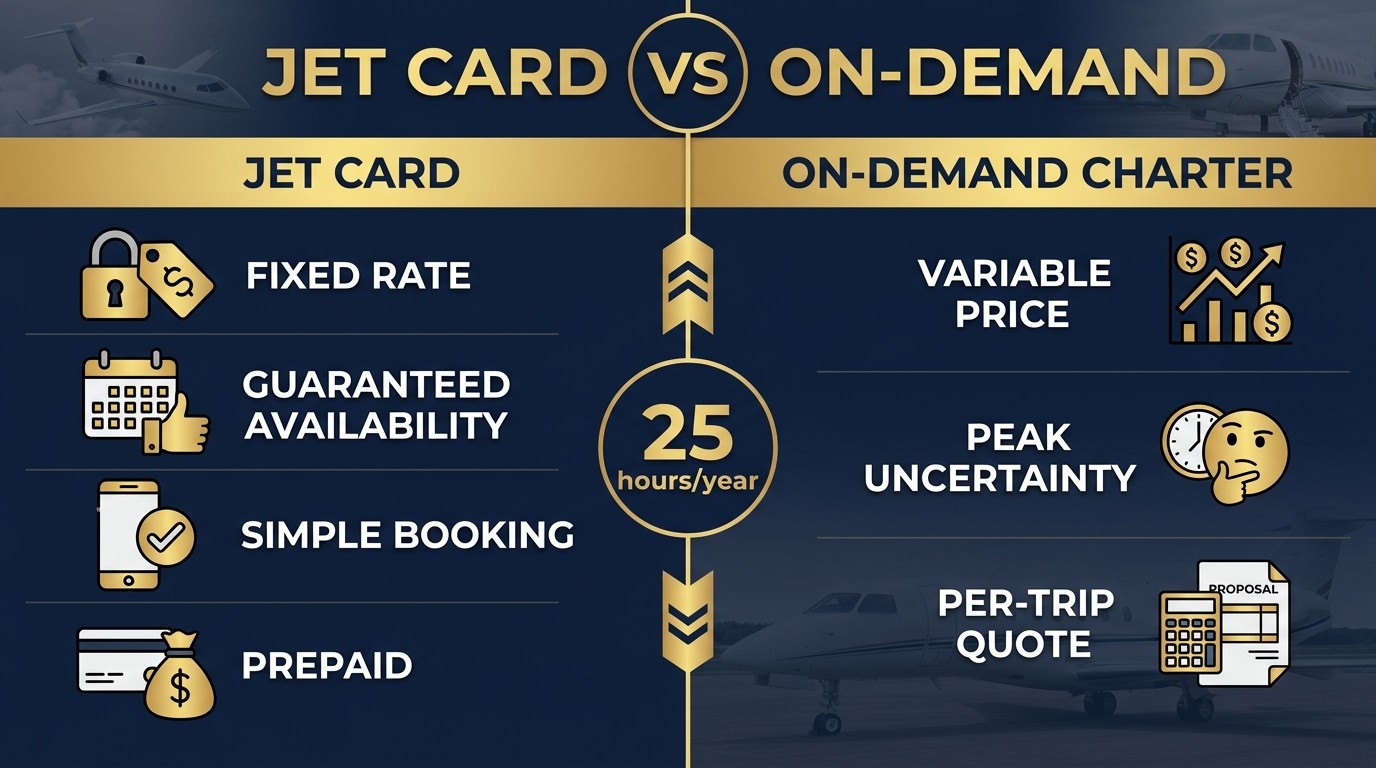 전용기 Jet Card 단발 차터 비교표 - 고정 단가 가용성 보장 예약 간소 초기 선결제 이용 빈도 연 25시간