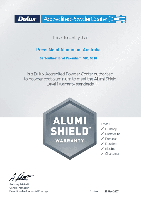 certificate of dulux accredited powder coater