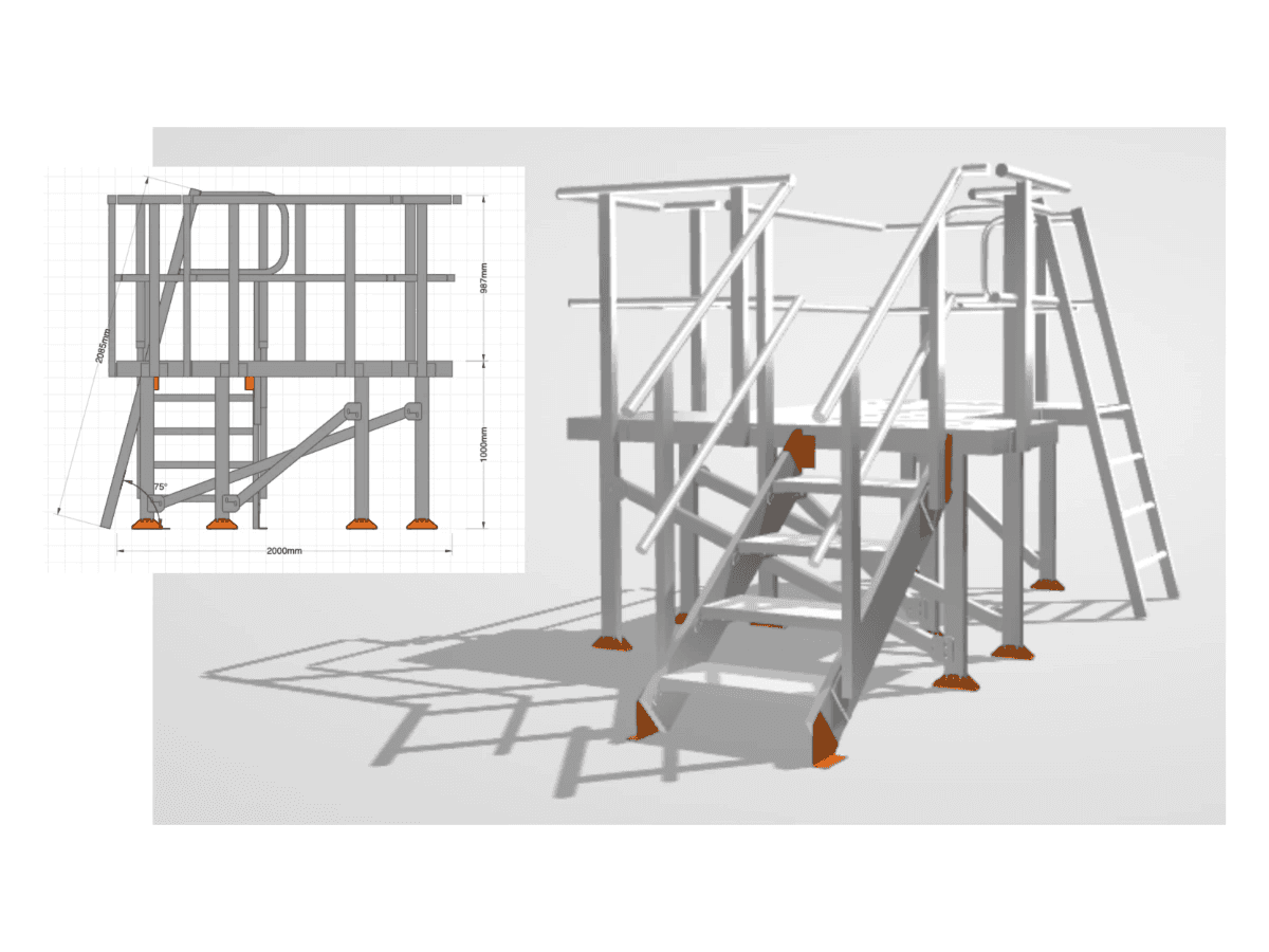 Scaffolding design illustration showing a multi-level structure with ladders and support beams.