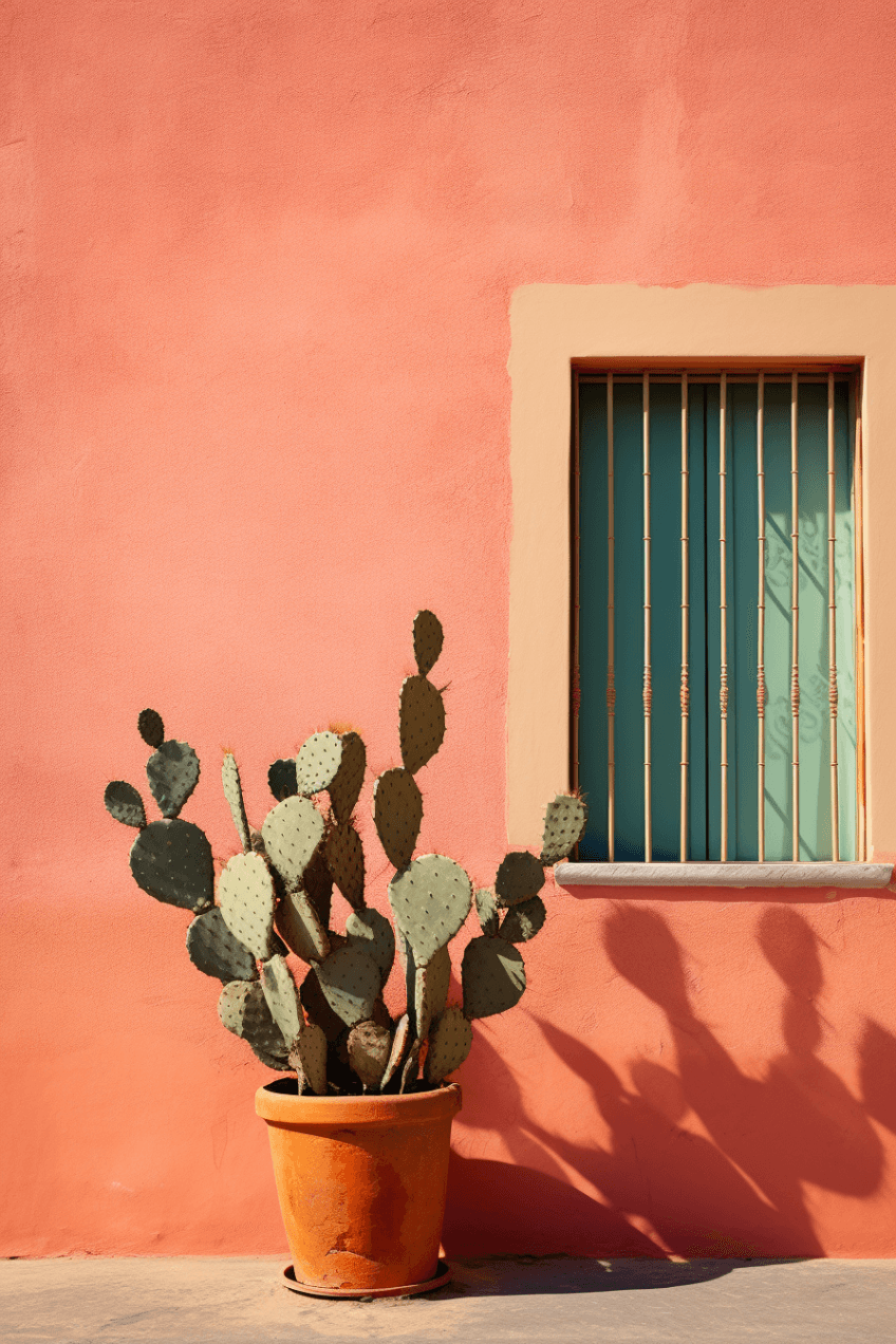 An image of a cactus with an orange wall background and a minimalistic look