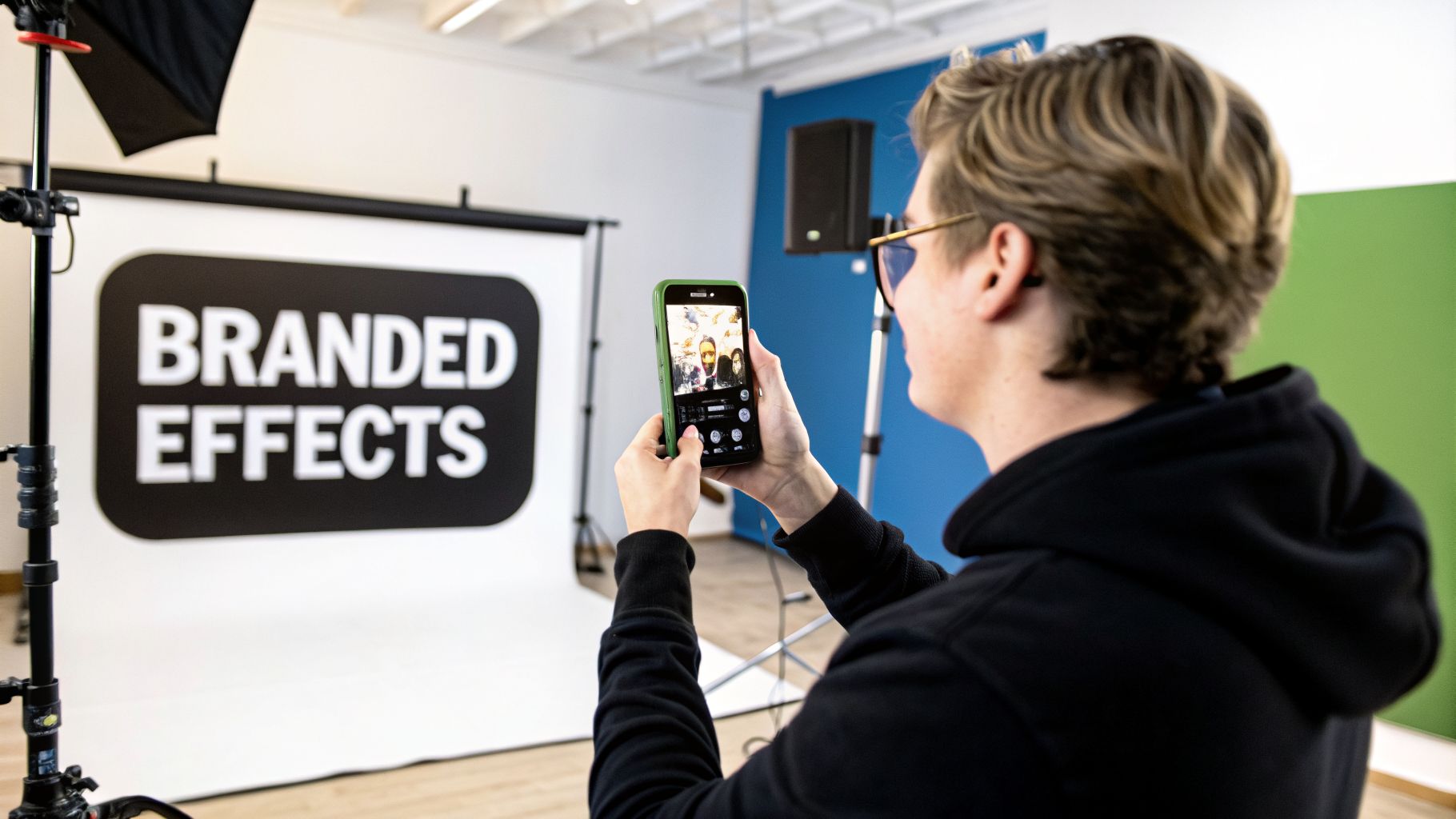 A person holds a green smartphone to record a 'BRANDED EFFECTS' sign in a studio.