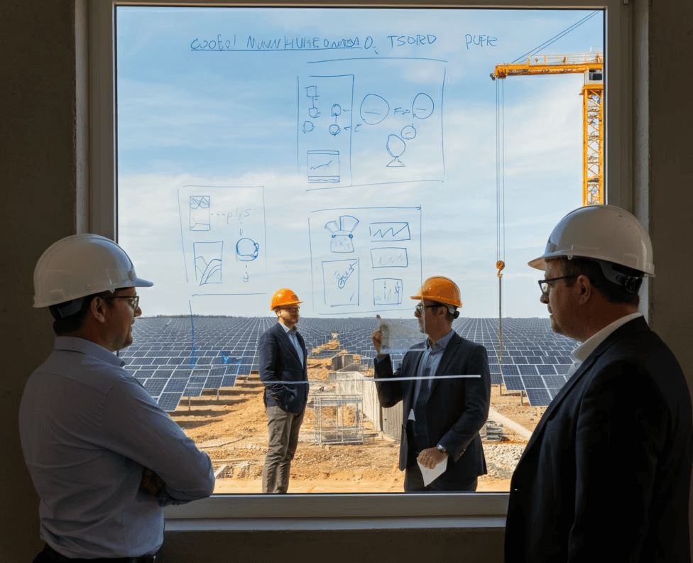 same group of people as in front of the window, used as whiteboard, but on the construction site of a solarfarm