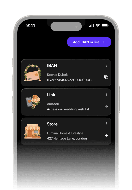 Schermata dell’app di togevent con lista regali e dettagli per contributi e link, per gestire facilmente i desideri legati all’evento.