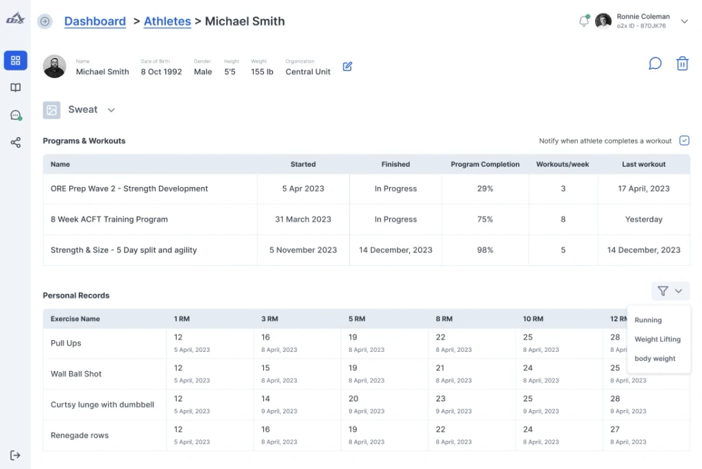 O2X athlete information wireframe screen