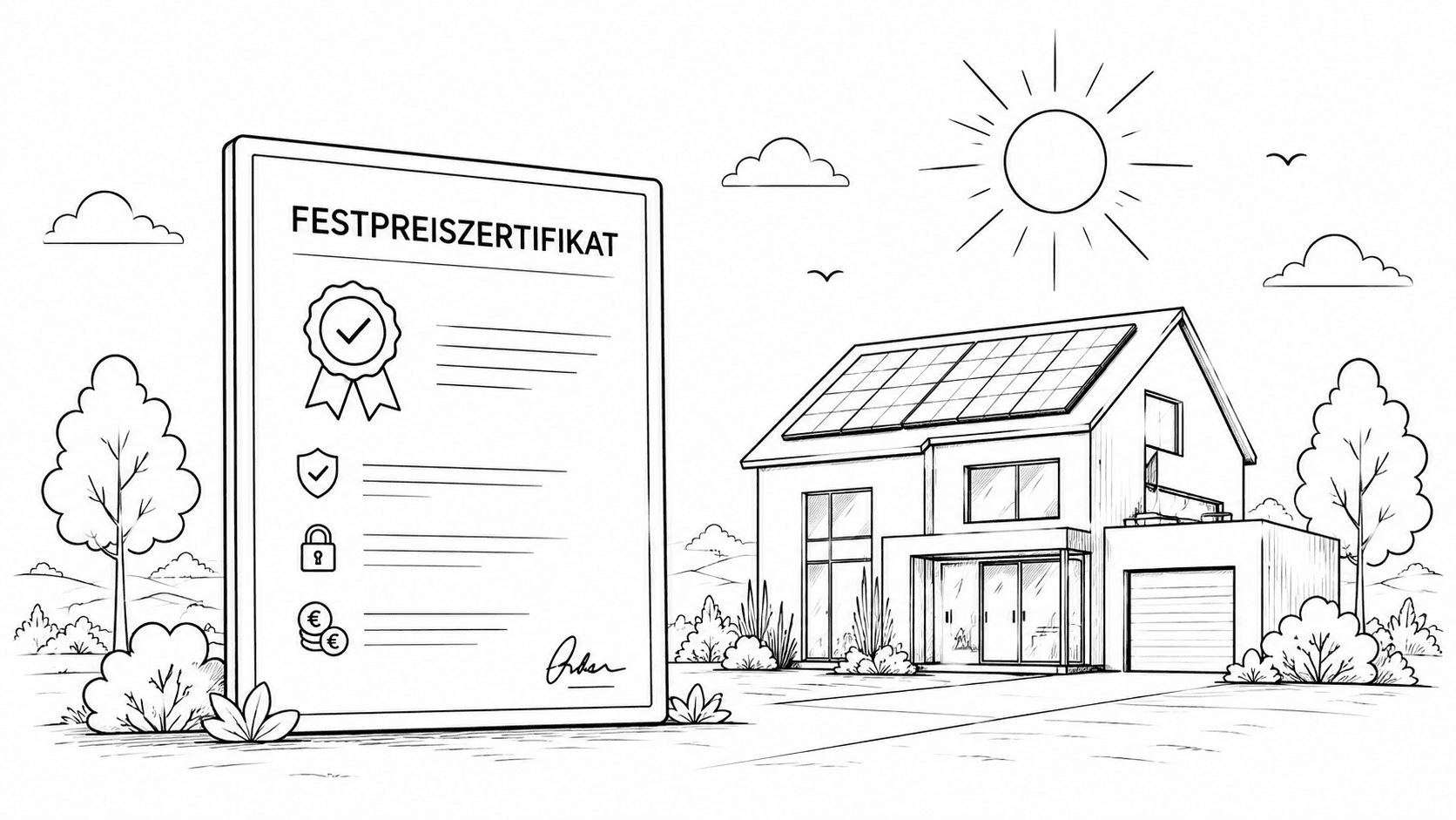 Wind turbine, house with solar panels, person on scooter