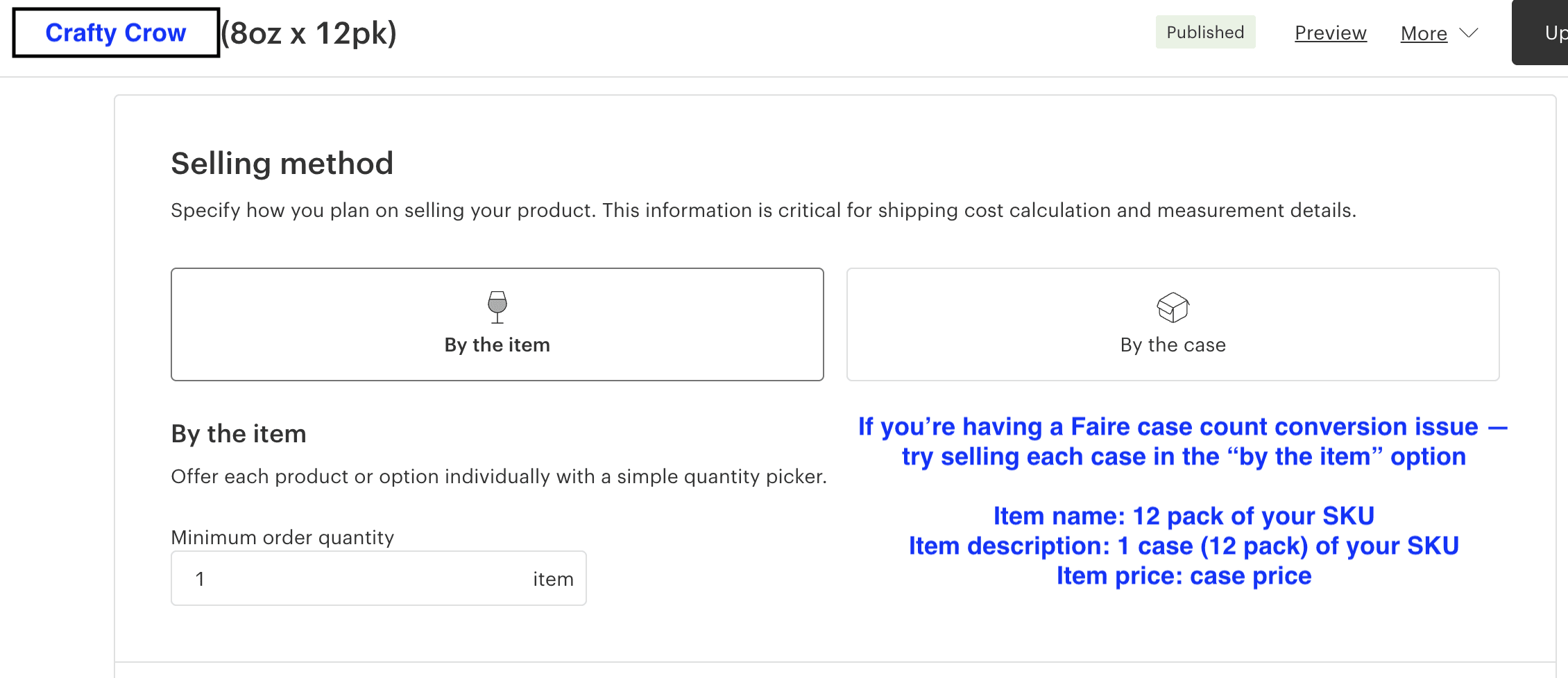 A screenshot of a typical Faire product setup page, along with our recommendations for optimal setup.