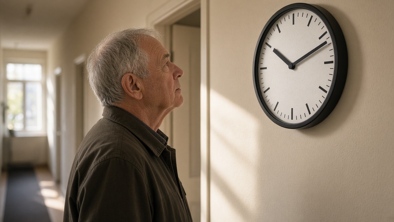 The image shows an elderly man standing in a hallway, intently looking at a round wall clock mounted on a beige wall. The man has gray hair and wears a dark-colored jacket. The clock displays the time as 10:10. The setting is a well-lit hallway with doors on either side and a window at the far end letting in natural light. This image could be used to illustrate concepts related to aging, cognition, time perception, or dementia care.