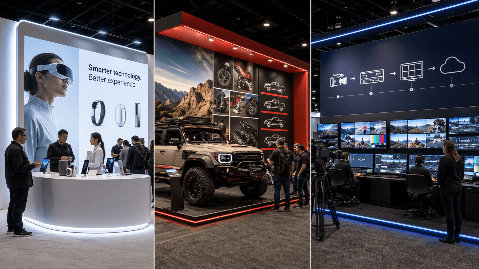 CES booth layout in Las Vegas with a semi-open meeting pod beside the demo zone, open traffic flow, and a technology presentation area