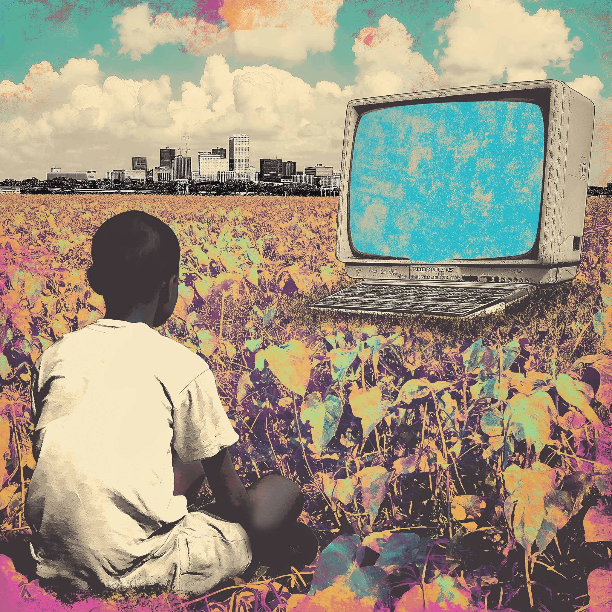 This image features a surreal and nostalgic blend of nature and technology. In the foreground, a young Black boy is sitting on the ground, gazing at an oversized, vintage computer monitor placed directly in front of him. The computer, reminiscent of a 1990s or early 2000s model, stands out as a digital relic in an otherwise organic, rural landscape. The monitor's screen is a bright blue, possibly symbolizing a blank canvas or untapped potential.  The setting is a vibrant, colorful field with hues of orange, yellow, and purple blending into the plants, evoking a dreamlike or pop-art aesthetic. In the background, a city skyline rises in the distance, representing a stark contrast between the rural foreground and urban progress. The clouds in the sky are large and cotton-like, contributing to the surreal and imaginative atmosphere of the scene.  The image seems to symbolize the intersection of childhood, technology, and growth—perhaps reflecting on the artist's personal journey from rural roots to technological discovery. It combines themes of nostalgia, innovation, and the pursuit of knowledge in an almost futuristic yet vintage-inspired style.