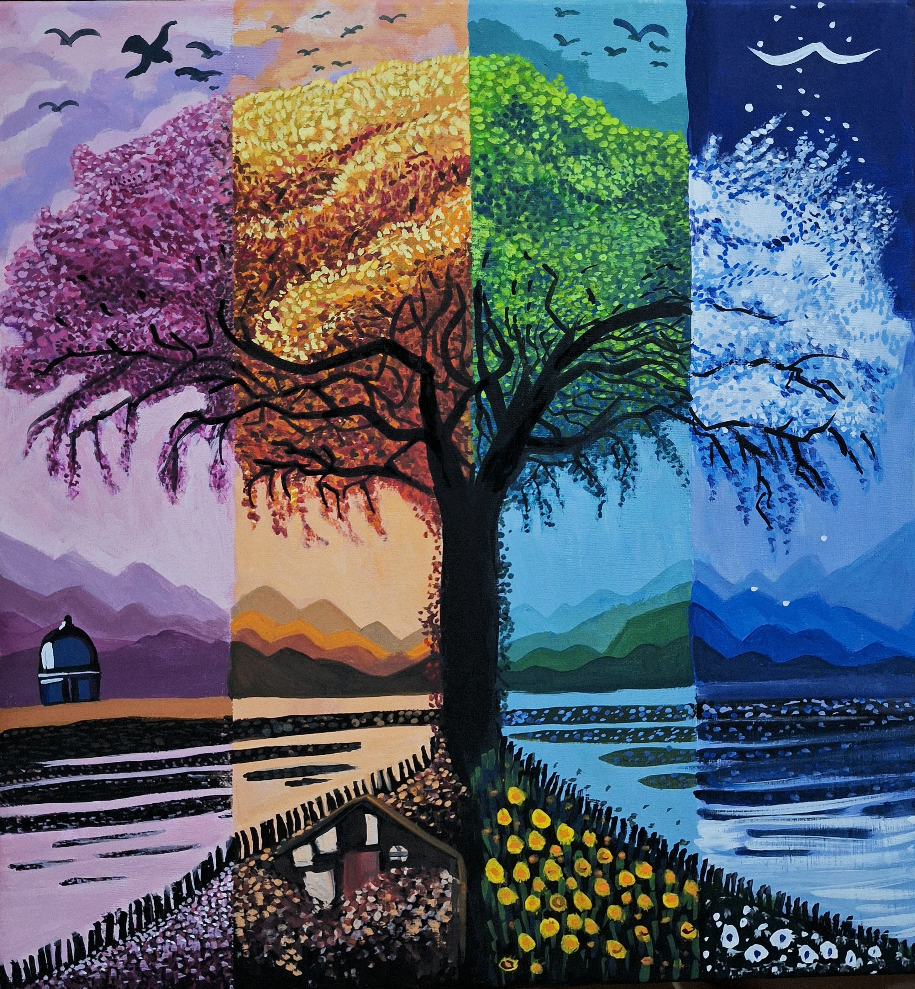 A tree divided in four parts to represent the diffrent seasons.
