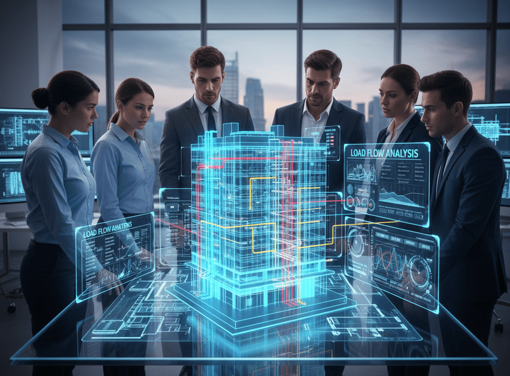 A man stands while two people sit at a table in an office setting, smiling and engaged in conversation. The mood is friendly and collaborative.