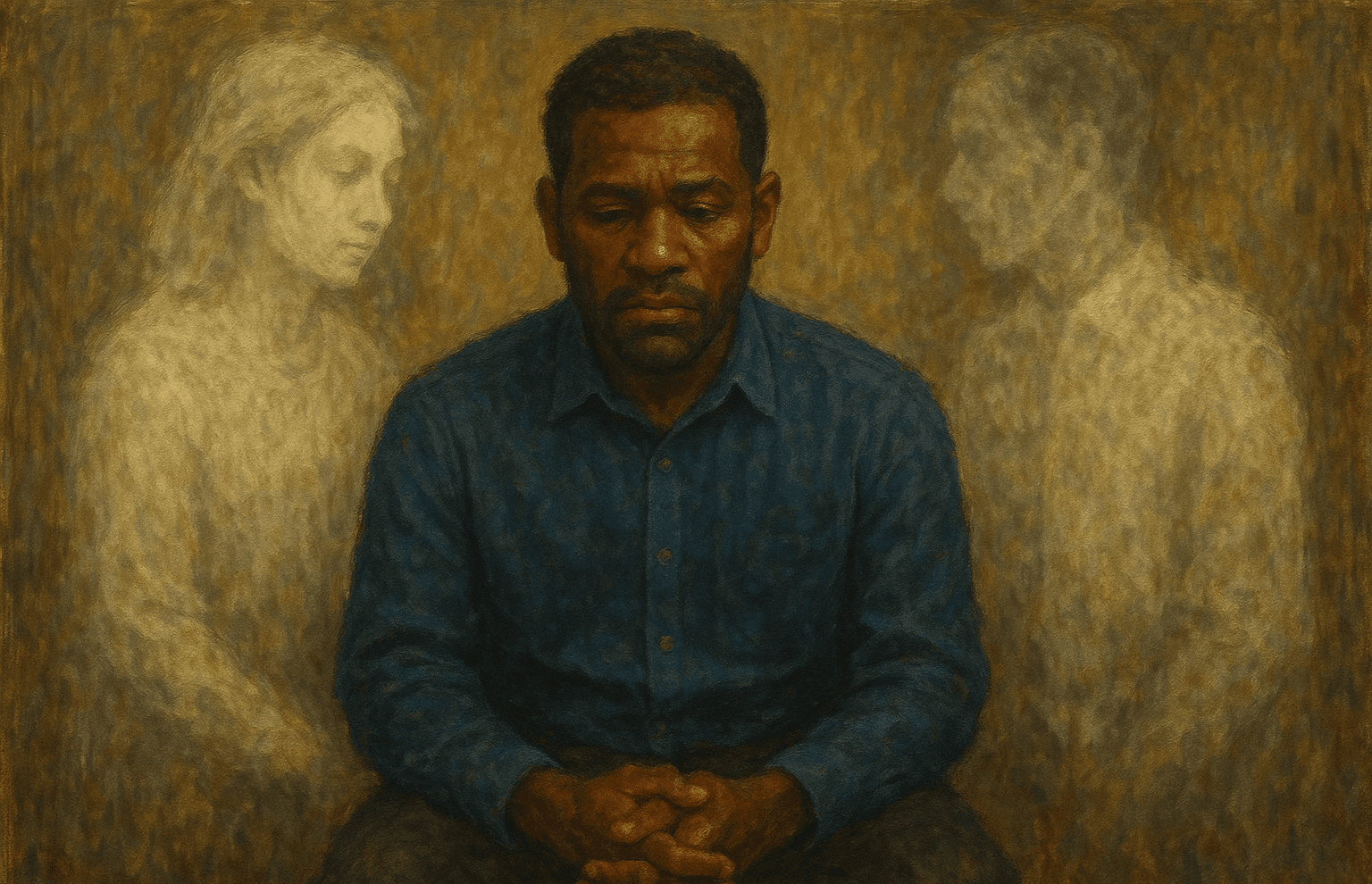 A dark-skinned man sits pensively with his hands clasped, surrounded by two faint ghostlike figures—a woman on his left and a man on his right—set against a warm, textured background of golden browns. The scene feels intimate and melancholic, capturing themes of memory, loss, and emotional distance.