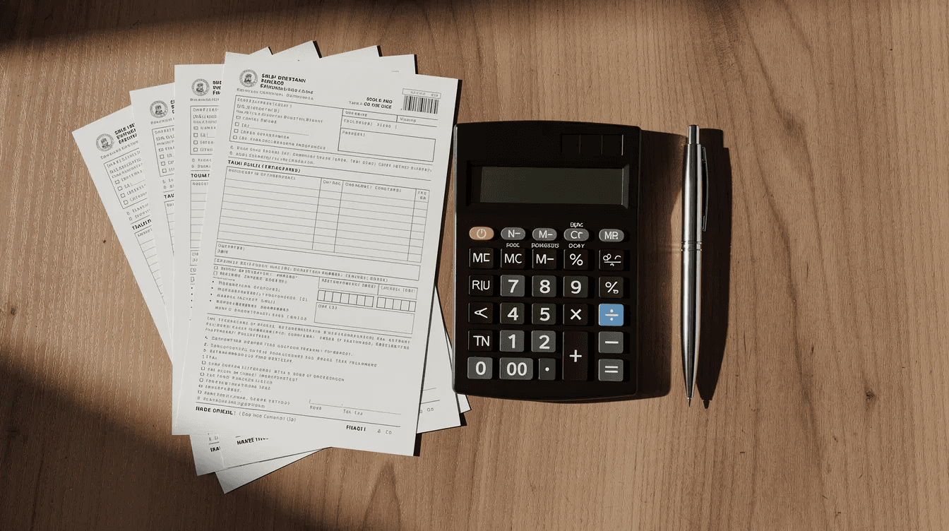The image features a calculator, tax forms, and a pen neatly arranged on a wooden desk, symbolizing the organization required for effective tax planning and investment strategies. This setup highlights the importance of understanding tax liability and potential benefits of tax loss harvesting for optimizing investment portfolios.