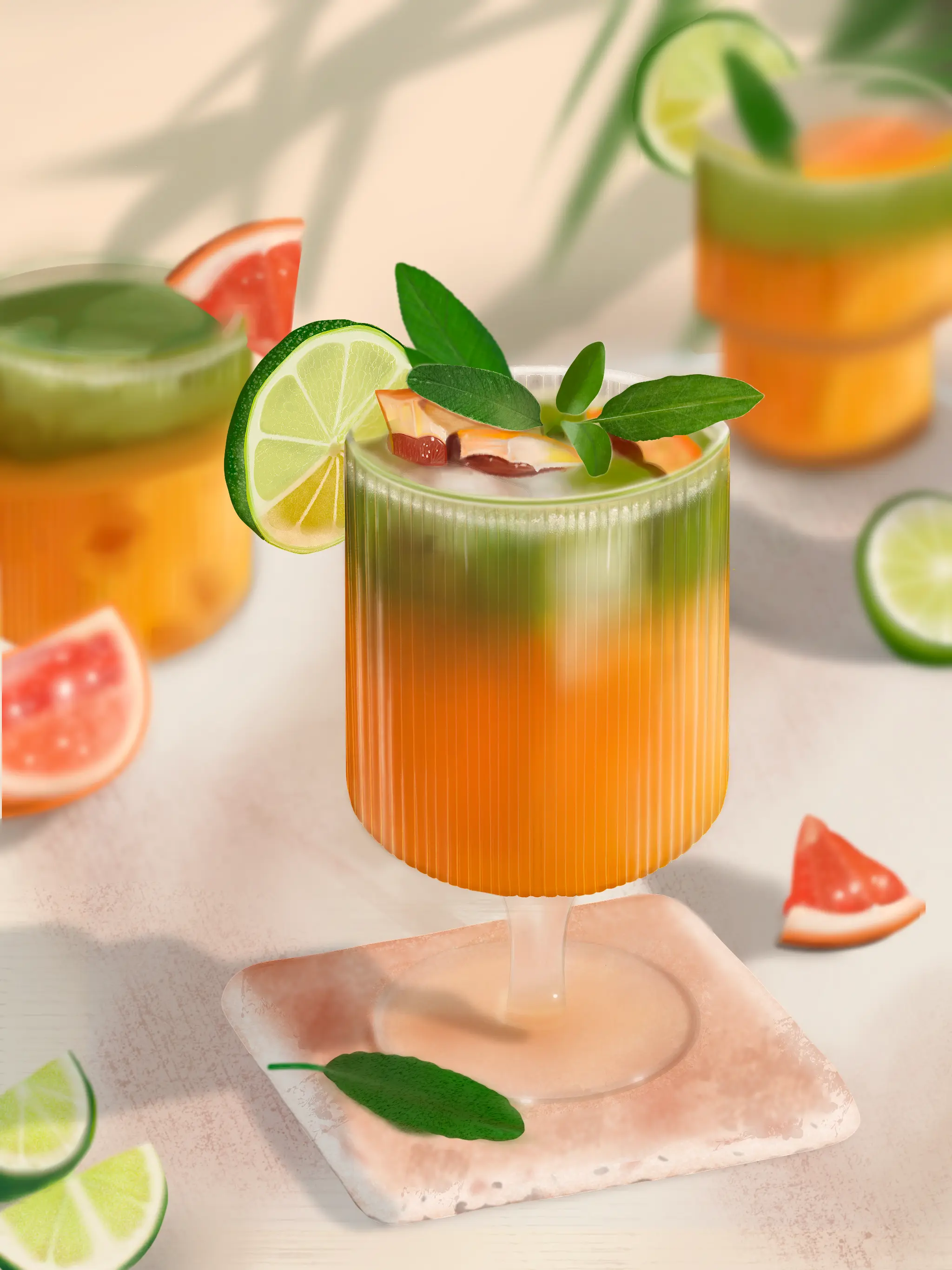 Summer mint and grape fruit drink. Lime summer bright orange drink.