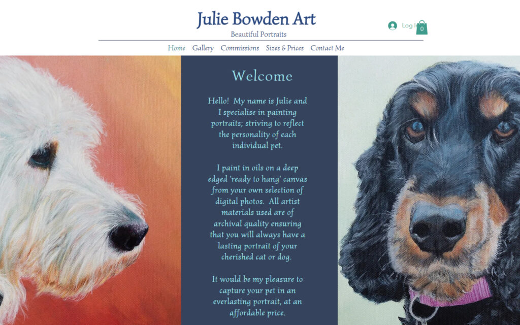 A website screenshot showing a welcome page with two illustrated dogs.