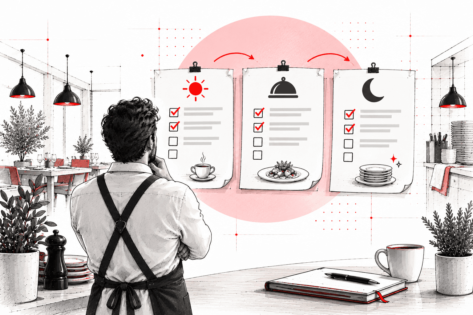 Restoran yöneticisinin servis öncesi, servis sırası ve servis sonrası günlük operasyon kontrollerini takip ettiği kontrol checklisti.