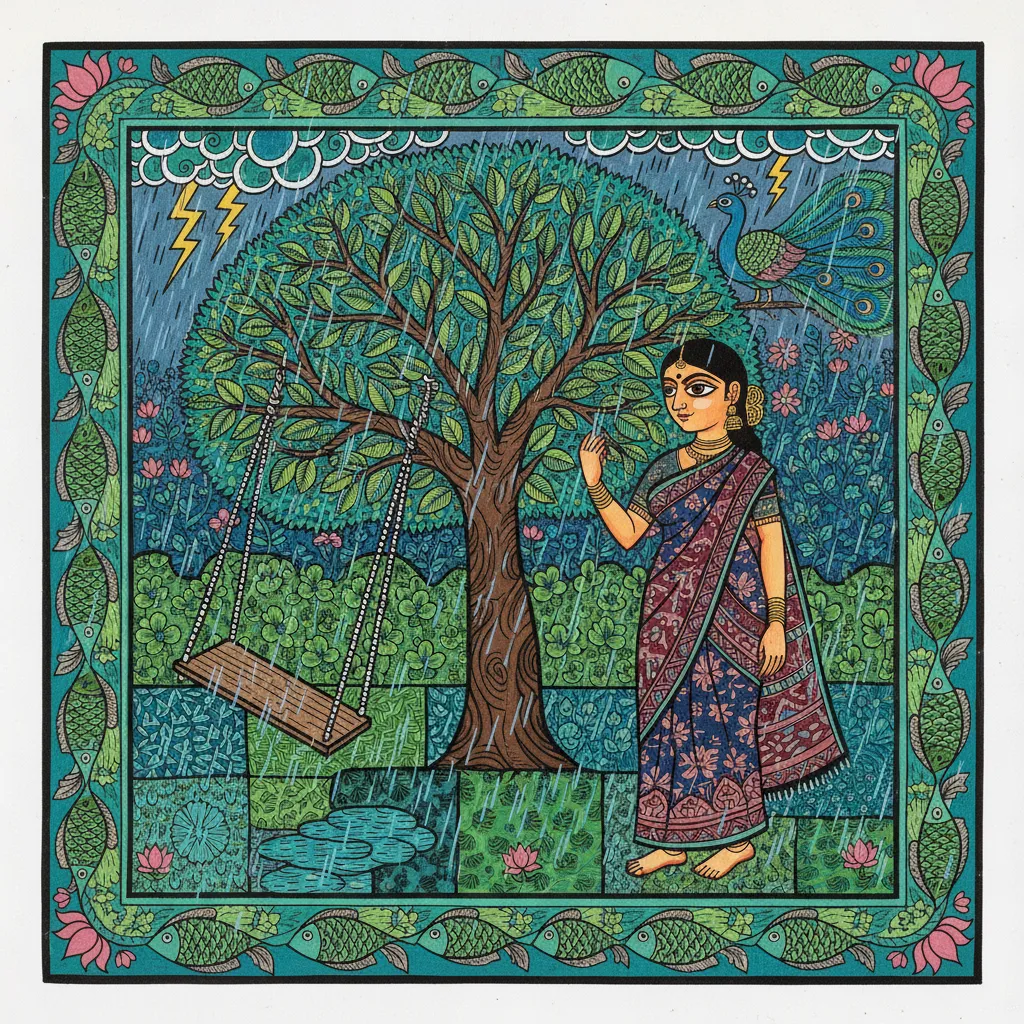 rains, swing, madhubani painting