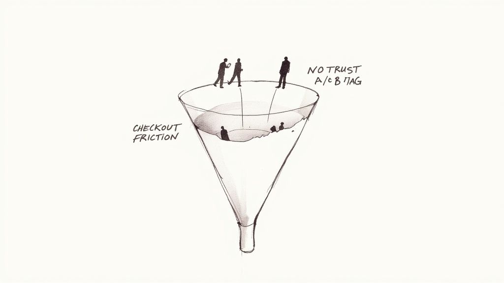 A hand-drawn illustration of a conversion funnel with small figures representing users facing friction and trust issues.