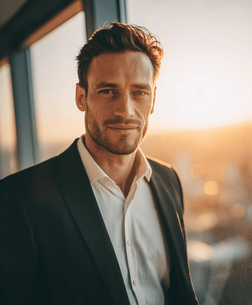 Man in a suit smiling against a sunset city backdrop.