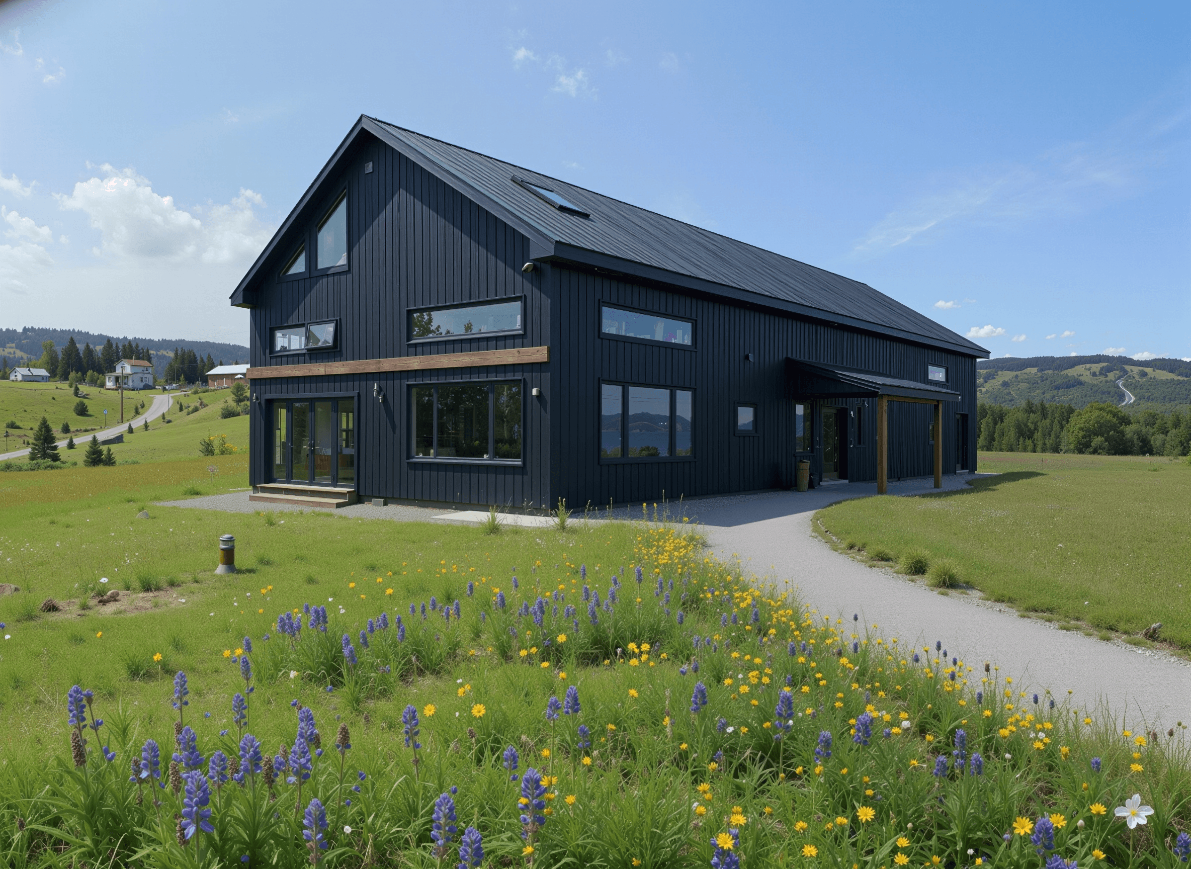 Single-story blue ranch-style house with gray metal roof and stone accents, featuring attached garage design plans by Mercer Design and Drafting, Halifax's premier architecture and drafting studio specializing in residential garage construction.