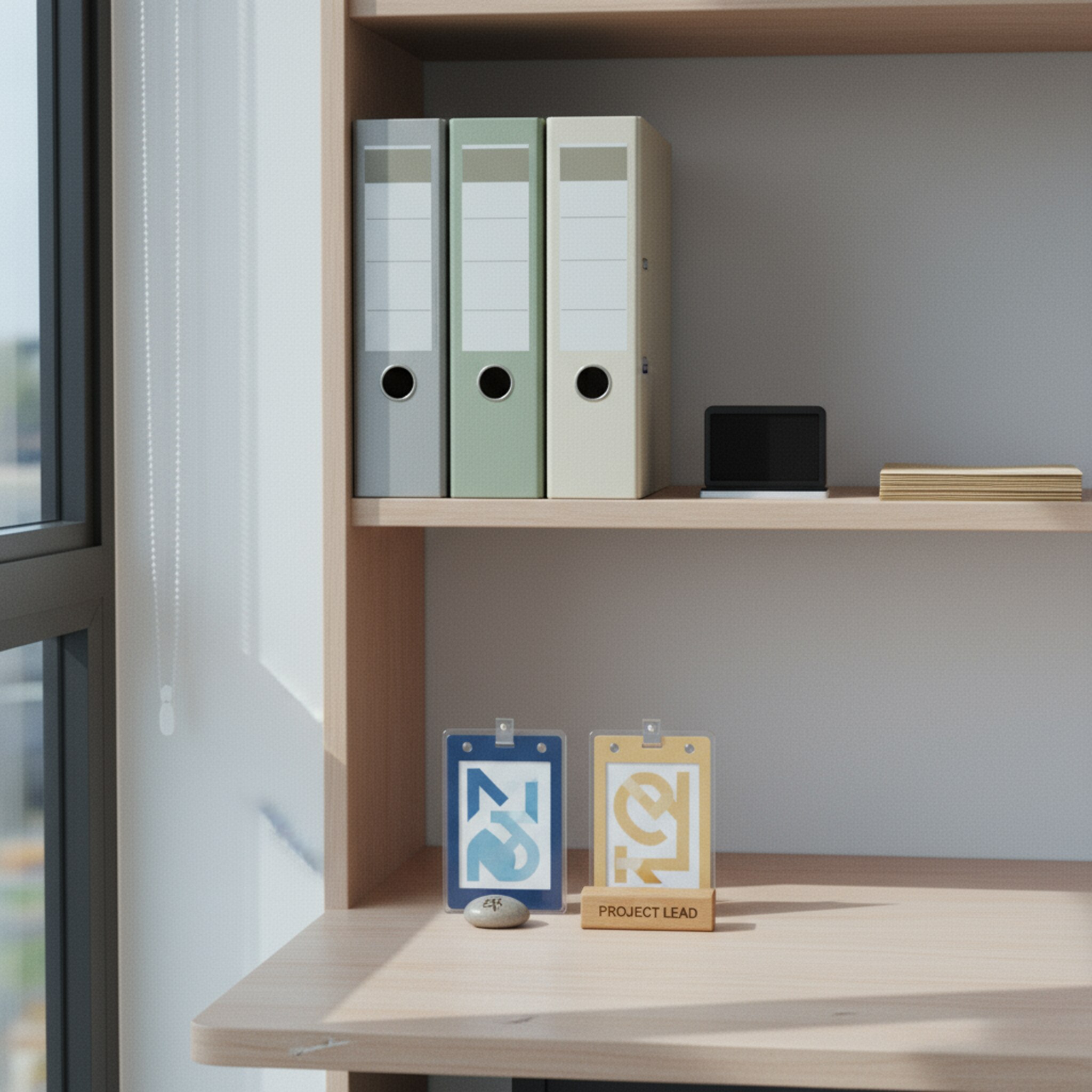 Ein schlichtes Regal mit klar beschrifteten Ordnern, daneben ein Stempelkissen und neutrale Dokumentenmappen. Auf einem Tisch liegen zwei unterschiedlich farbige Ausweiskarten, die Rollen symbolisieren. Das Licht ist kühl und präzise. Die Szene vermittelt Ordnung, Verantwortlichkeiten und saubere Ablage.