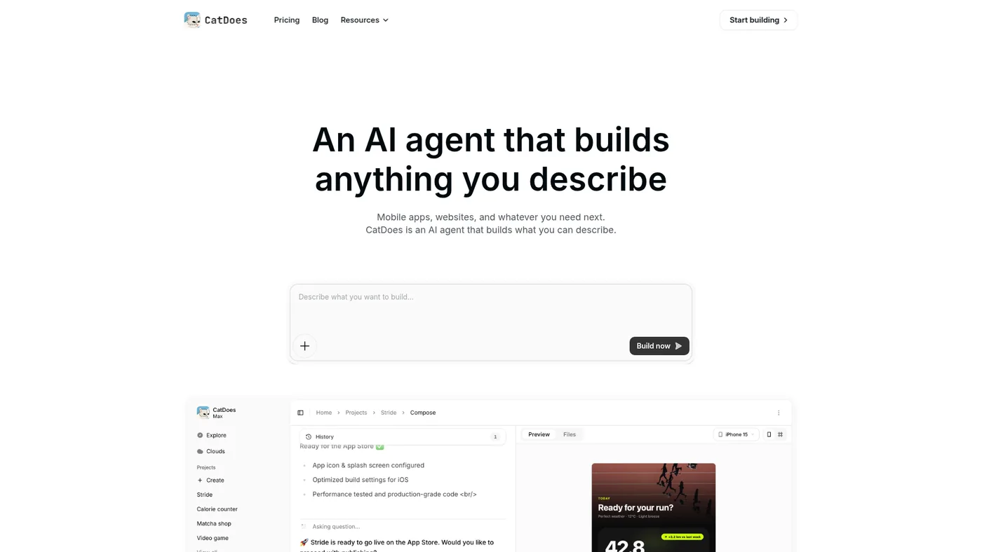 CatDoes homepage with the prompt box where you describe the inventory management software you want to build