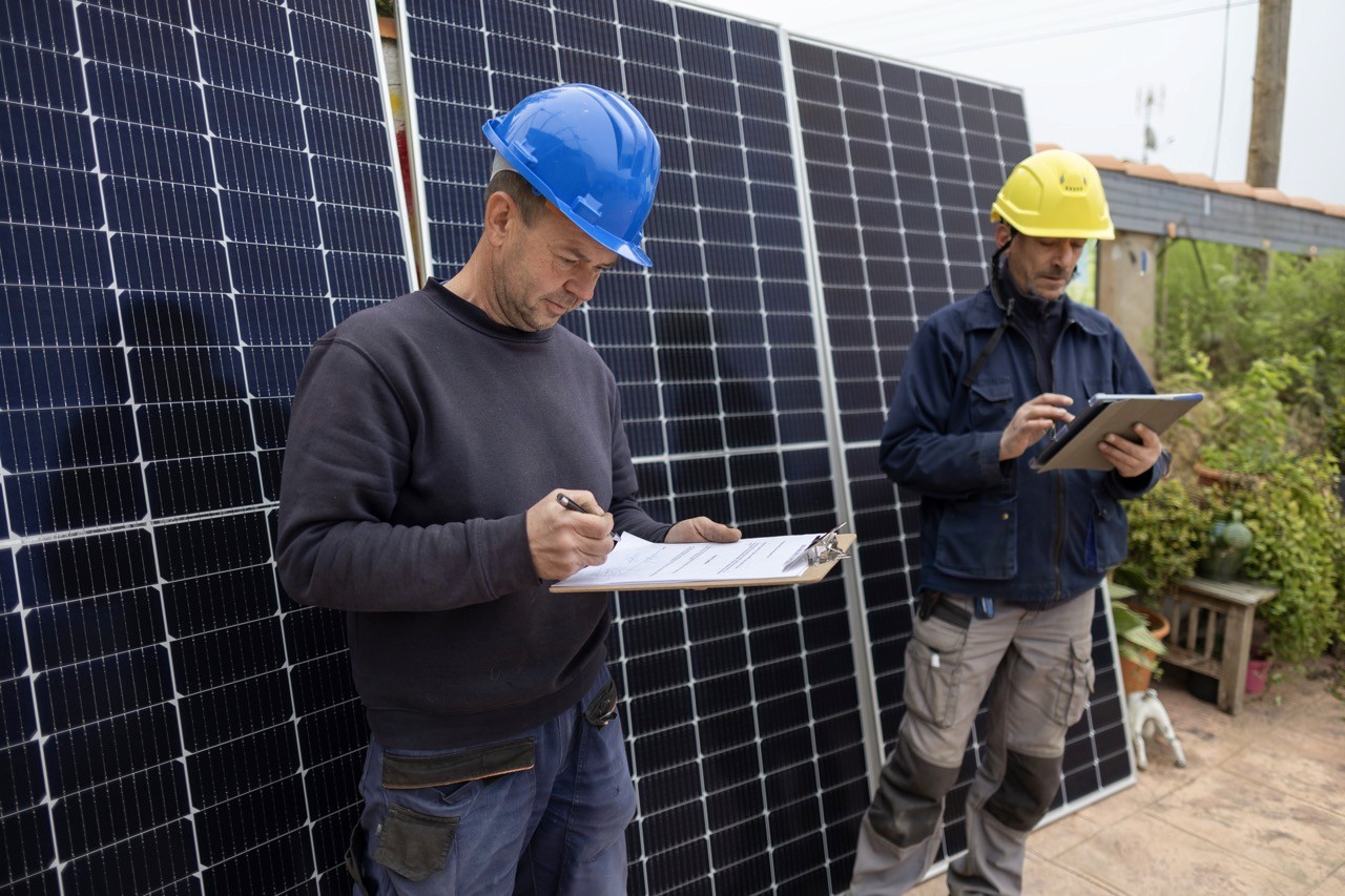Two engineers standing in front of solar panels looking at clipboards and ipads