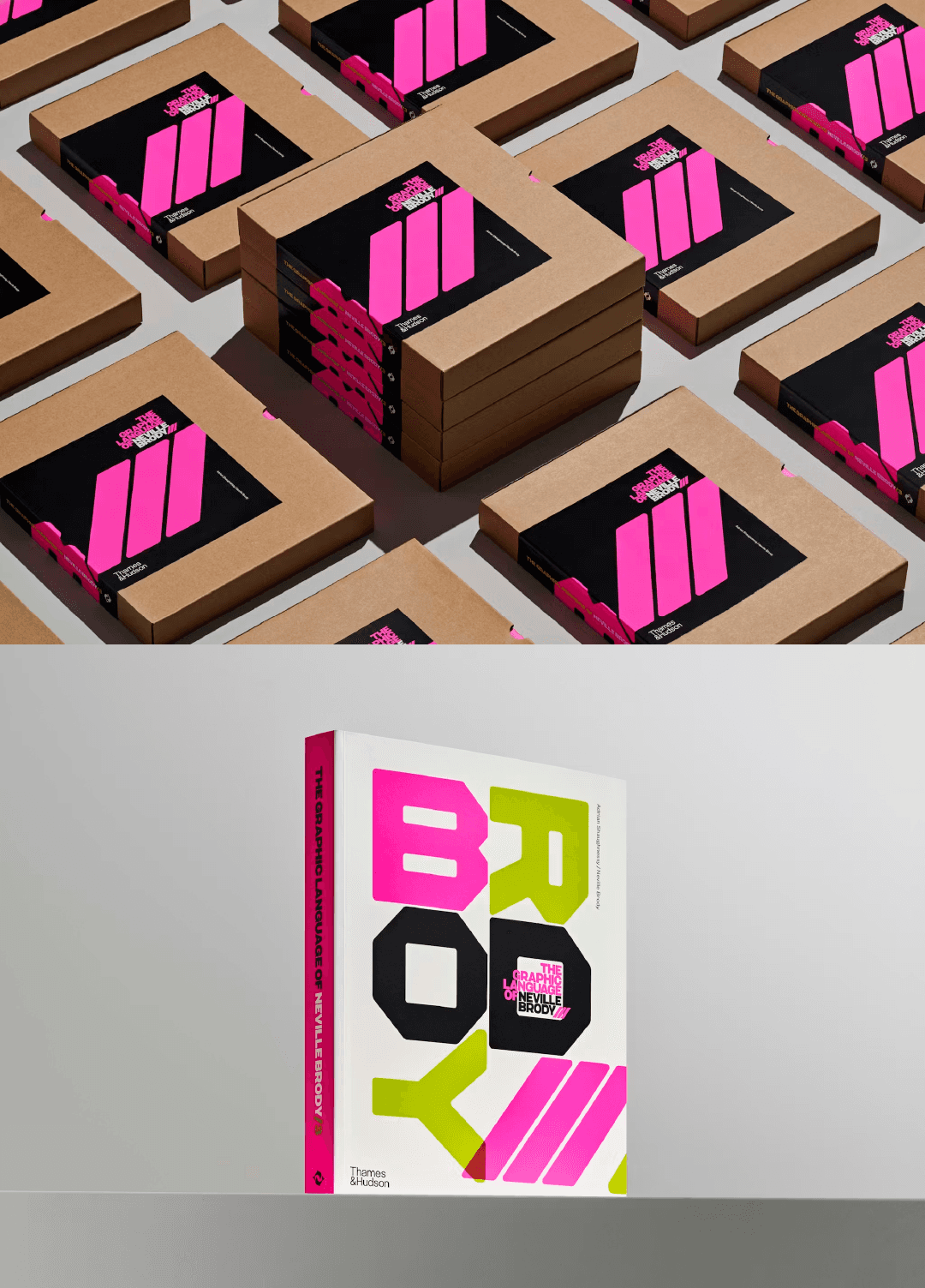 A picture of an array of The Graphic Language of Neville Brody 3 on top and a picture of NB3 vertically displayed at the bottom.