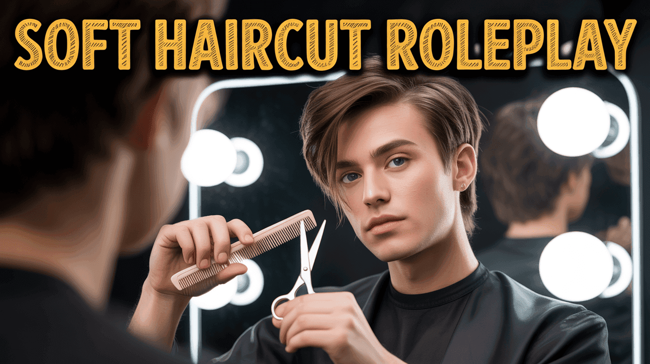 Haircut Roleplay Whisper ASMR Thumbnail Template featuring asmr artist holding scissors and comb near camera with soft salon lights and mirror refl...