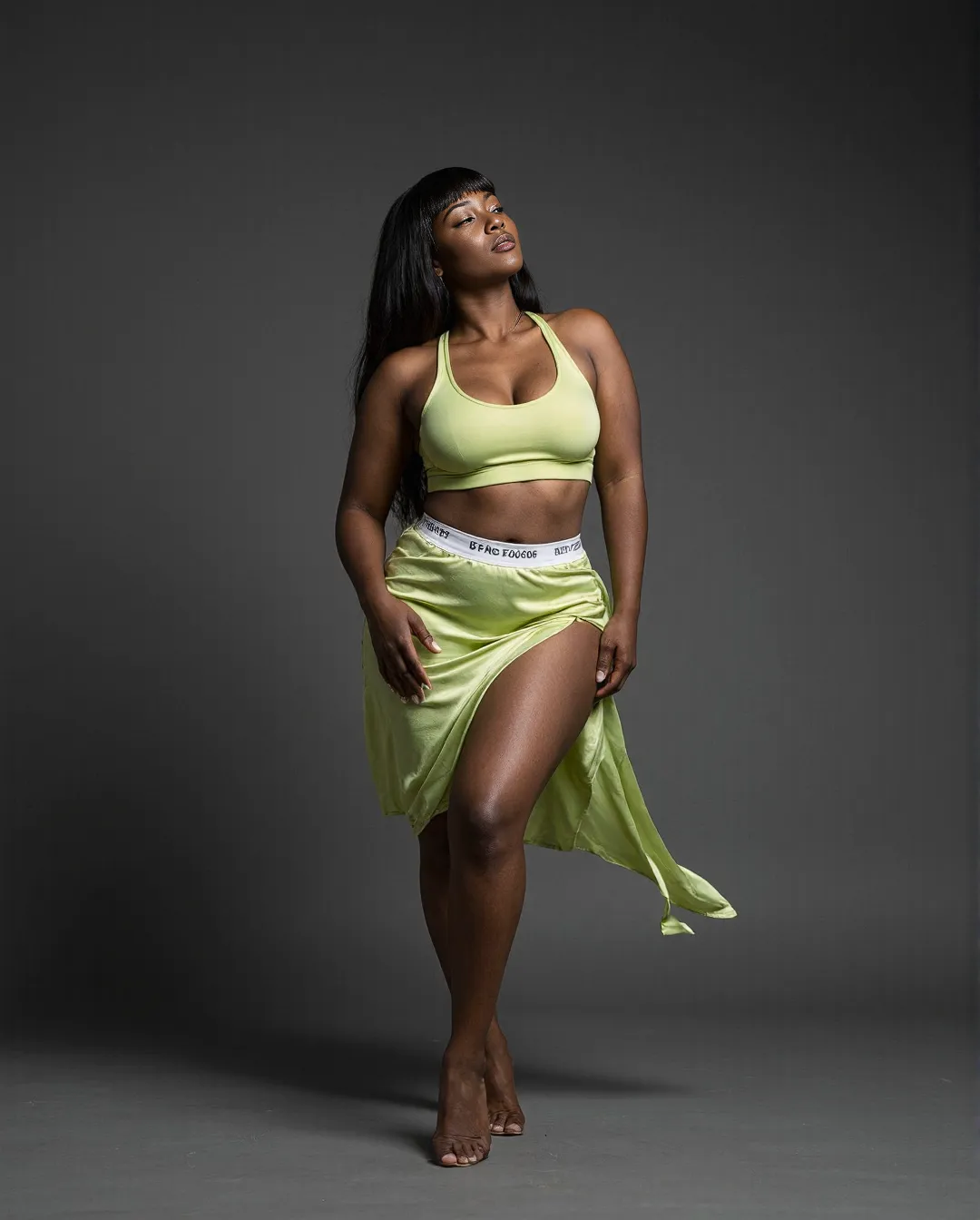 Professional fashion photograph featuring a lime green two-piece outfit with flowing skirt against a dark gray background.