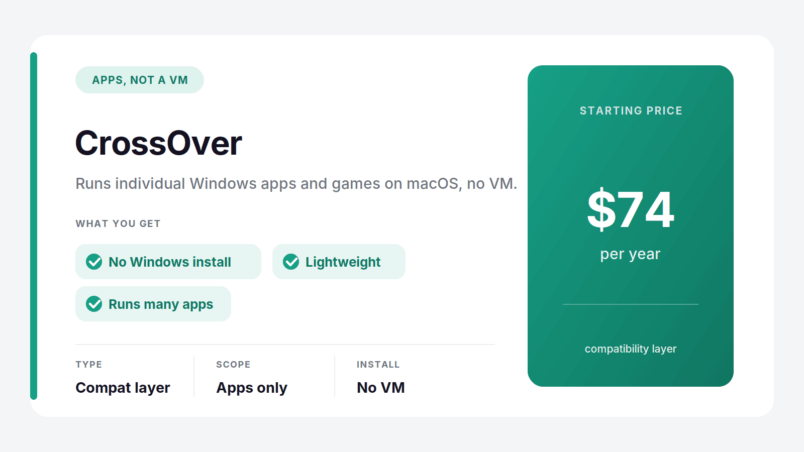CrossOver, a compatibility layer that runs Windows apps on macOS without a full Windows install