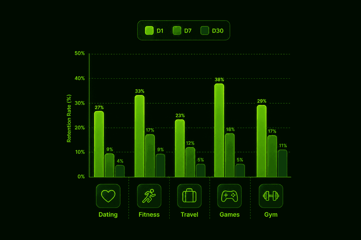 30-day retention benchmarks for mobile apps by Category Dating, Fitness, Travel, Games, Fitness apps