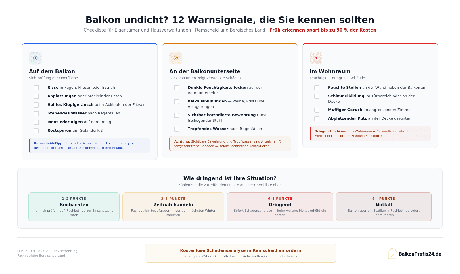 Infografik: 12 Warnsignale für einen undichten Balkon – Checkliste für Eigentümer in Remscheid, aufgeteilt in drei Prüf-Bereiche: Balkonoberfläche, Unterseite und Wohnraum, mit Dringlichkeitsskala