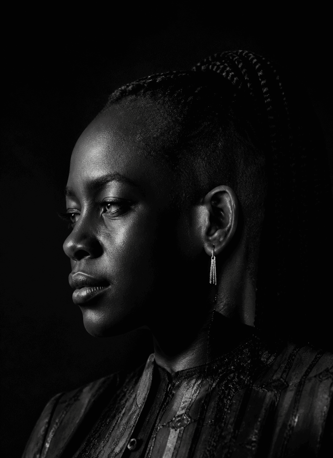 Amara Okafor in sharp monochrome three-quarter profile