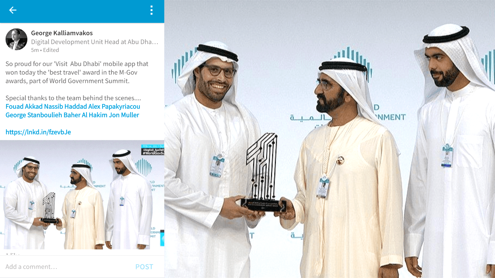 Visit Abu Dhabi wins "Best Travel" award at M-Gov awards, part of the World Government Summit 2017