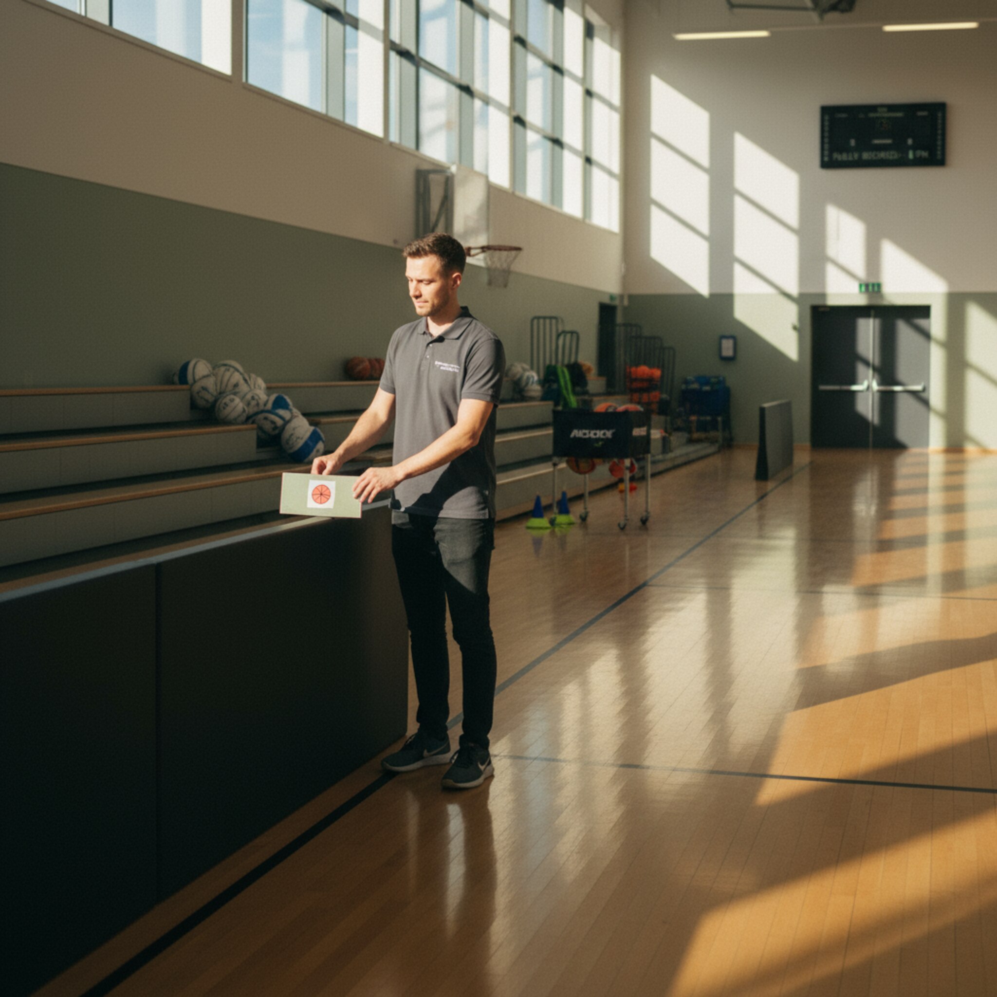 Am späten Nachmittag werden frisch gereinigte Courts für den Abend vorbereitet. Ein Mitarbeiter hängt eine dezente Reservierungstafel an die Seitenbande, während warmes Licht die Fläche zeichnet. Man spürt Ordnung, Verbindlichkeit und Vorfreude auf volle Slots.