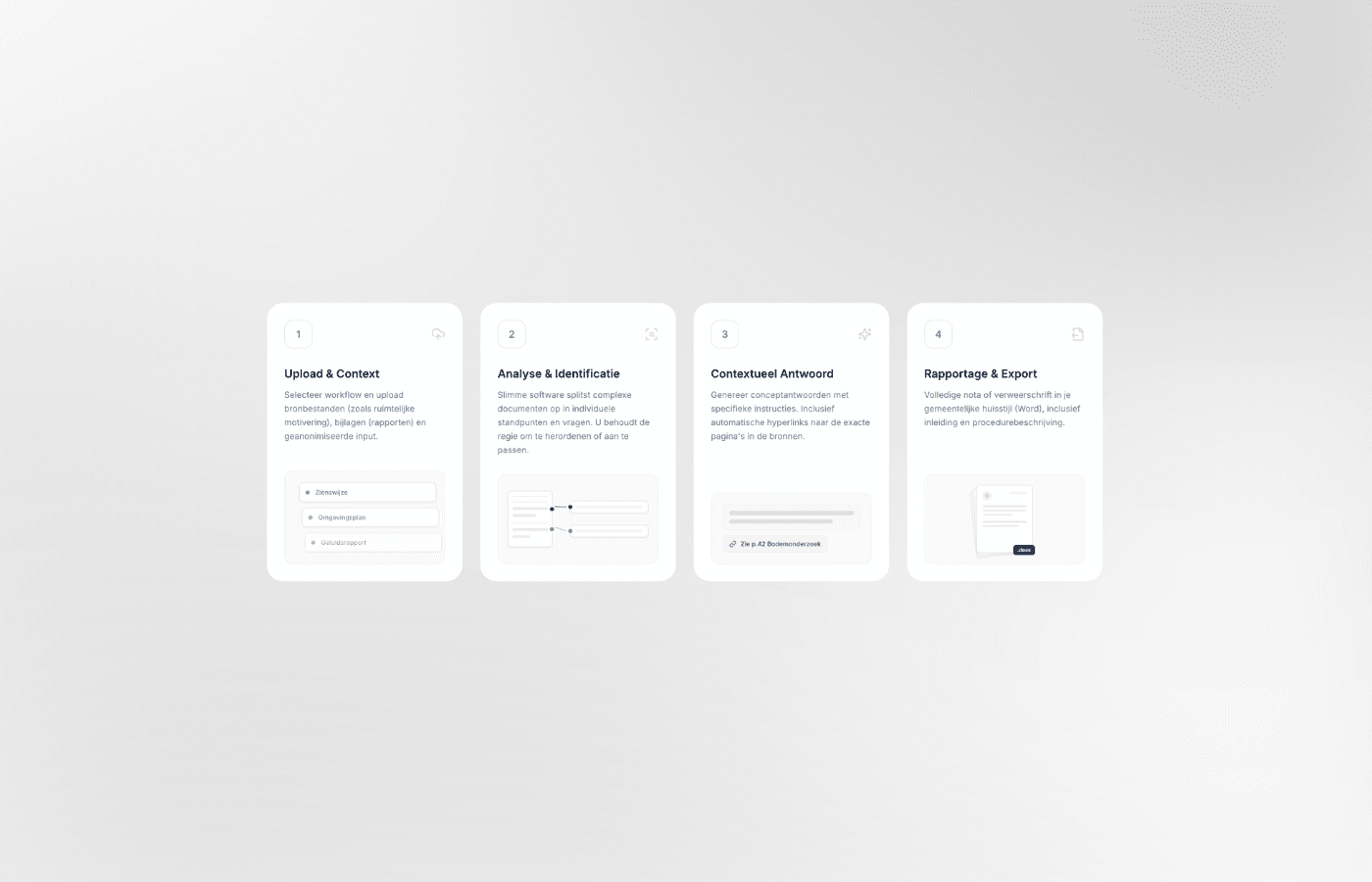 OmgevingsAssistent werkwijze in vier stappen: upload, analyse, conceptantwoord en rapportage-export