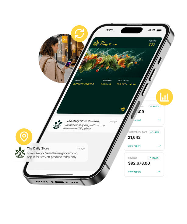 Phone showing The Daily Store shop loyalty pass surrounded by notifcations and analytics