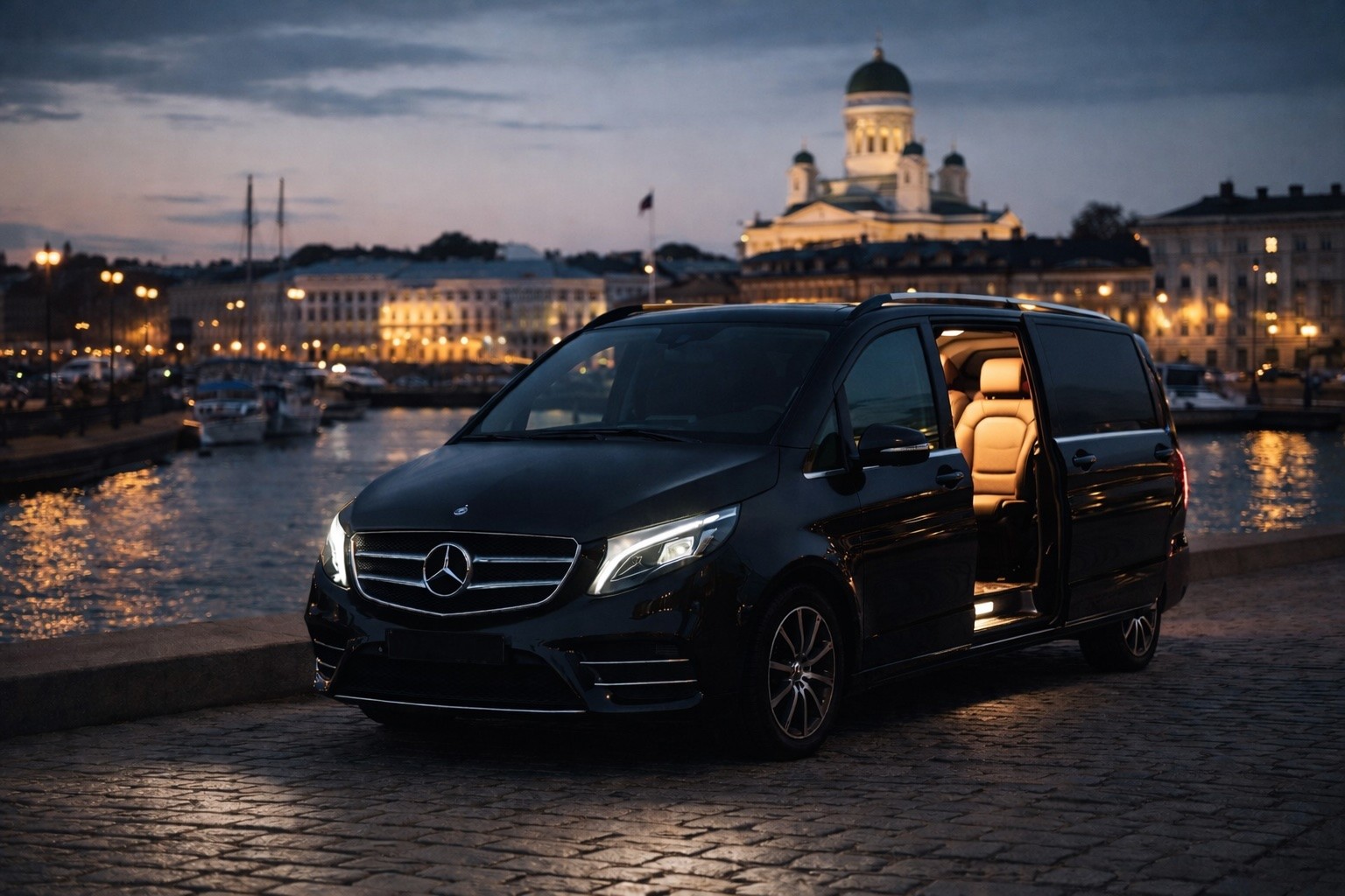 Black Mercedes V-Class private transfer in Helsinki at night with open door and illuminated interior, ready for airport pickup