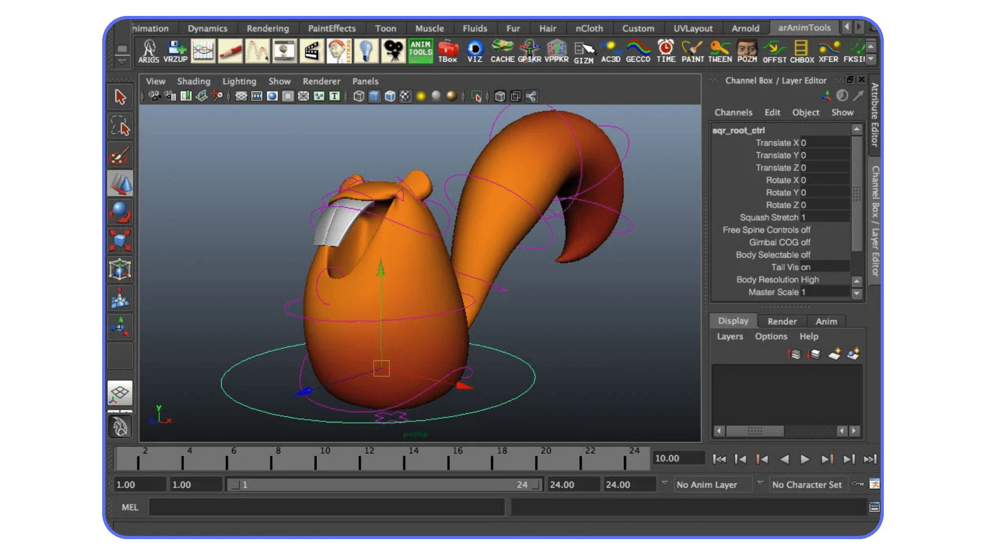 3D cartoon squirrel character model open in Autodesk Maya, showing rigging controls and animation setup.