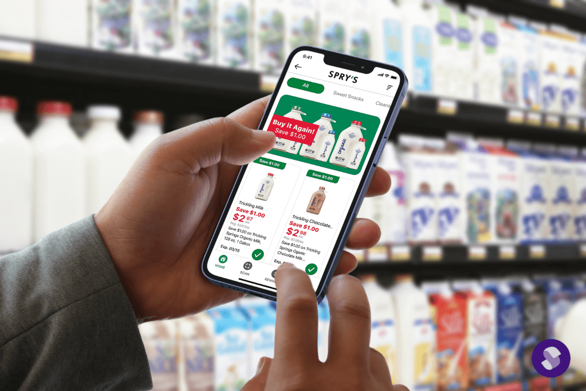 Using a Swiftly mobile app platform to shop for deals in store.